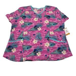 Jurassic World Womens Size 2XL Short Sleeve Pink V Neck Print Medical Scrub Top